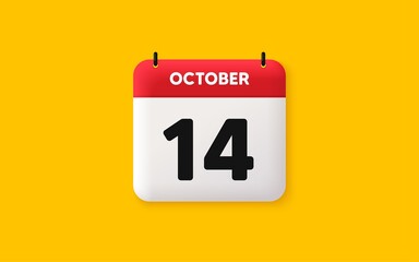 Calendar date 3d icon. 14th day of the month icon. Event schedule date. Meeting appointment time. Agenda plan, October month schedule 3d calendar and Time planner. 14th day day reminder. Vector - obrazy, fototapety, plakaty
