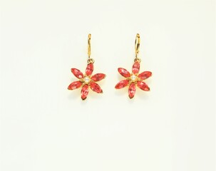 Fototapeta na wymiar Handmade earrings with bright rhinestones costume jewelry fashion accessory design gift