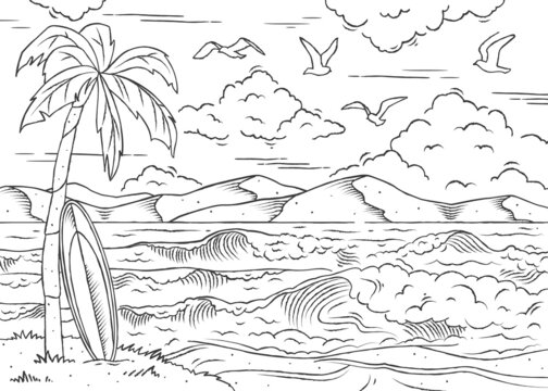 Design for coloring book. Beautiful seascape with palm tree, surfboard, waves, shore and mountains. Antistress or entertainment for children and adult. Cartoon flat vector illustration in linear style