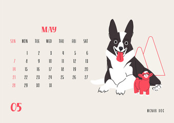 Horizontal calendar for may 2023 with McNab dog. Isolated on beige background. Vector flat illustration. Week starts on Sunday
