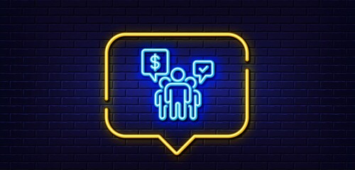 Neon light speech bubble. Teamwork line icon. Employees chat sign. Core value symbol. Neon light background. Teamwork glow line. Brick wall banner. Vector