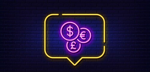 Neon light speech bubble. Money currency line icon. Cash exchange sign. Stock trade symbol. Neon light background. Money currency glow line. Brick wall banner. Vector
