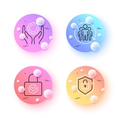 Shield, Password encryption and Employee hand minimal line icons. 3d spheres or balls buttons. Teamwork icons. For web, application, printing. Secure lock, Protection locker, Work gear. Vector