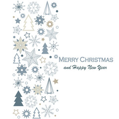 Merry Christmas and Happy New Year festive design with a frame of beautiful snowflakes in modern art style. White background. Christmas decorations. Vector illustration.