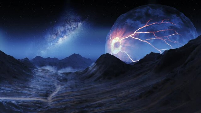 Alien planet surface with giant dead planet in the sky at night

3D rendering, cinematic view of Alien planet
