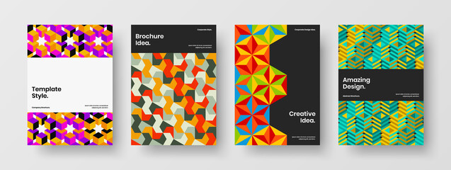 Original corporate brochure vector design layout set. Simple geometric hexagons postcard template collection.