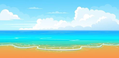 Fototapeta na wymiar Summer tropical beach. Seaside landscape, nature vacation, ocean or sea seashore.Vector cartoon illustration.