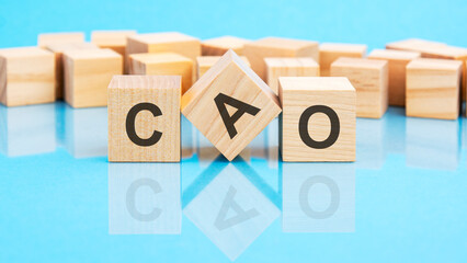 CAO text is made of wooden building blocks lying on the bright blue table, concept