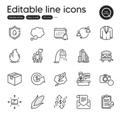 Set of Business outline icons. Contains icons as Copyright chat, Food delivery and Suit elements. Notification, Parcel, Dollar exchange web signs. Mail newsletter, Fire energy. Vector