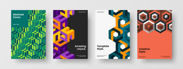 Fototapeta premium Bright poster design vector illustration set. Unique geometric pattern magazine cover layout composition.