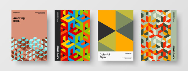 Multicolored pamphlet A4 vector design concept composition. Trendy mosaic tiles company brochure layout bundle.