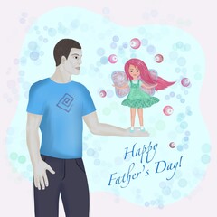 Illustration for dad's congratulations. Dad holding little daughter.