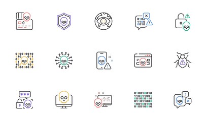Cyber attack line icons. Phishing risk, Data ransomware, Binary code. Hacker attack, Virus secure, Malware bug outline icons. Cyber crime, Safe password and Data phishing. System hacking skull. Vector