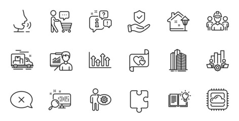 Outline set of Presentation, Engineering team and Product knowledge line icons for web application. Talk, information, delivery truck outline icon. Vector