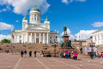 Helsinki Cathedral and tzar Alexander II monument on Senate square, Finland - obrazy, fototapety, plakaty