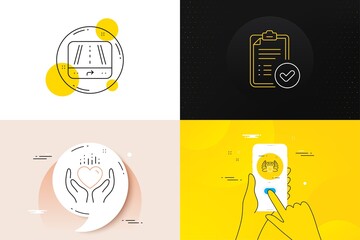 Minimal set of Hold heart, Approved report and Gps line icons. Phone screen, Quote banners. Laureate medal icons. For web development. Care love, Verification document, Journey road. Vector