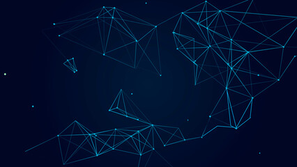 Distribution of triangular figures in space. 3d illustration of a futuristic network. Structure of network connections, connecting dots and lines. Abstract science background.