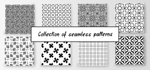 Set of seamless abstract geometric hand-drawn patterns. Modern creative background