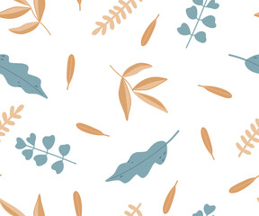 Fototapeta premium Narure seamless pattern with beige and blue leaves in flat style on white background for fabric, textile, nursery