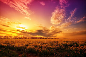 Obraz premium Beautiful fantastic sunset over a yellow flowering field