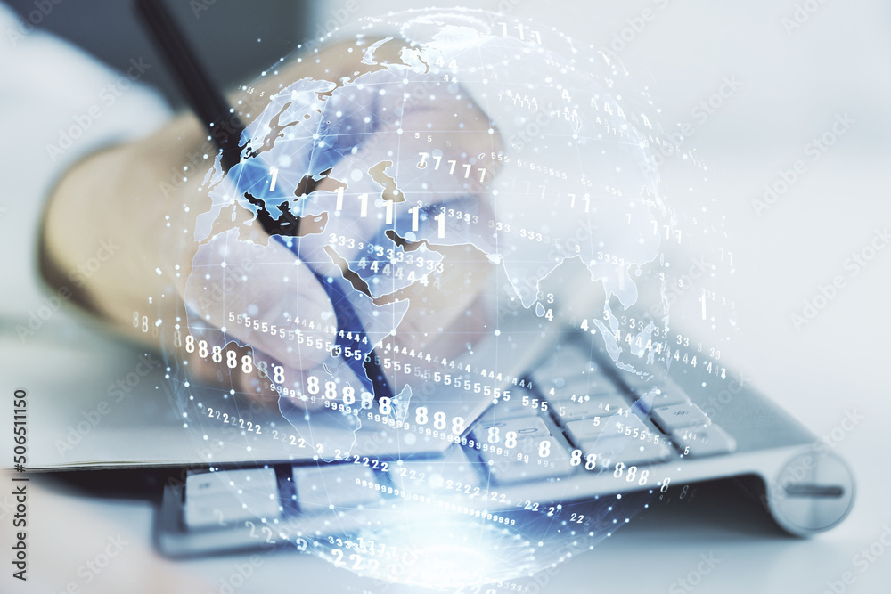 Poster double exposure of abstract programming language with world map and hand writing in notebook on back