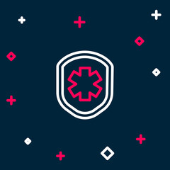 Obraz premium Line Medical shield with cross icon isolated on blue background. Protection, safety, password security. Colorful outline concept. Vector