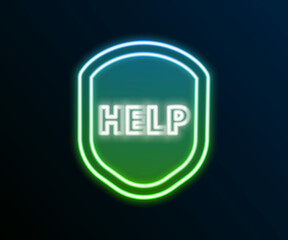 Glowing neon line Shield with text Help icon isolated on black background. Guard sign. Security, safety, protection, privacy concept. Colorful outline concept. Vector