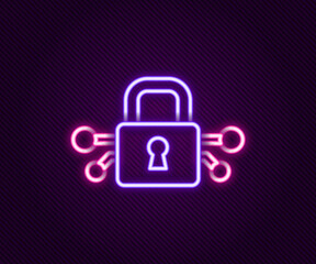 Glowing neon line Cyber security icon isolated on black background. Closed padlock on digital circuit board. Safety concept. Digital data protection. Colorful outline concept. Vector