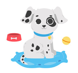 A cute fluffy puppy sits on a pillow. Dalmatian with collar and accessories. Vector illustration with a pet in cartoon style.