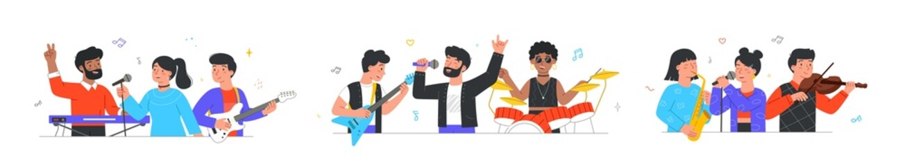 Set of Group portrait of music band. Musicians and vocalists performing in style of jazz, pop and rock. Men and women play guitar, drums and saxophone. Cartoon flat vector collection isolated on white