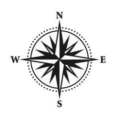 Vintage marine wind rose, nautical chart. Monochrome navigational compass with cardinal directions of North, East, South, West. Geographical position, cartography and navigation. Vector illustration.