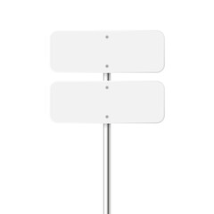 Road, traffic sign. Highway signboard on a chrome metal pole. Blank white board with place for text. Directional signage and wayfinder. Information sign mockup. Vector illustration.