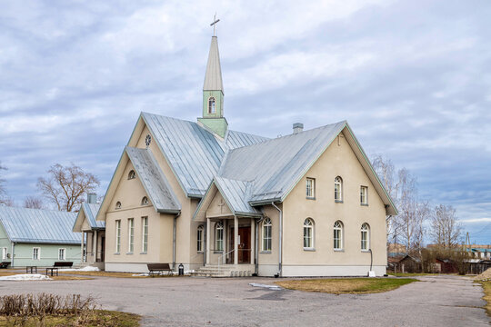 OLONETS, RUSSIA - May 09, 2022: View of Evangelical Lutheran Church of Ingria. It was built in 1996-1999 according to the project of a Finnish architect with donations.