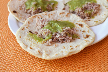Tortilla con carne picada y salsa verde. Comida tipica Gautemalteca. Vista Frontal.
