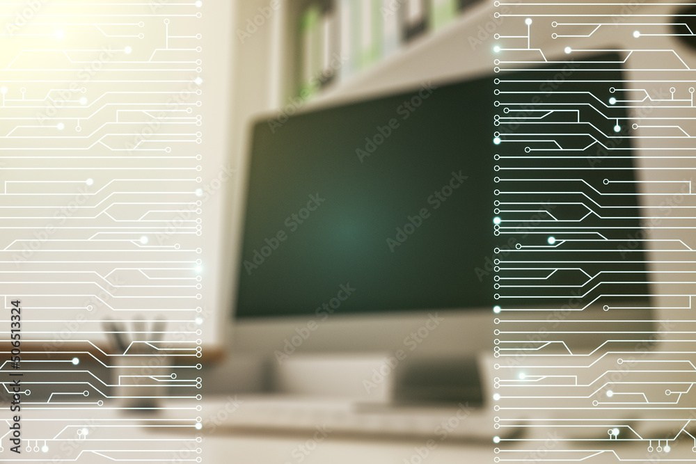Poster creative abstract micro circuit sketch and modern desk with computer on background, future technolog