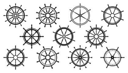 Collection of vintage steering wheels. Ship, yacht retro wheel symbol. Nautical rudder icon. Marine design element. Vector illustration