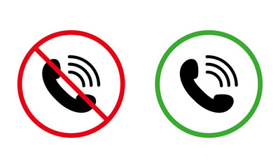 Handset Call Black Silhouette Icon Set. No Receive Incoming Call Mobile Phone Red Forbidden Round Sign. Accept Talk Allow Area Green Circle Symbol. Warning Keep Silence. Isolated Vector Illustration