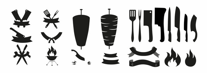 Logo constructor for doner, kebab, barbecue, grill party logo set. Vector stock illustration isolated on white background for design packaging, logo, menu in restaurant, butcher shop. 