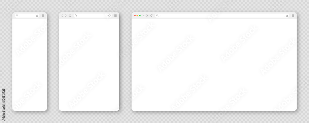 Fototapete Blank web browser window with toolbar and search field. Modern website, internet page in flat style. Browser mockup for computer, tablet and smartphone. Adaptive user interface. Vector illustration