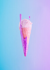 Vanilla ice cream scoop with slime in vibrant bold gradient holographic colors. Concept art. Blue and purple lights. Creative minimal cyberwave background. Summer.