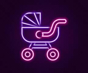 Glowing neon line Baby stroller icon isolated on black background. Baby carriage, buggy, pram, stroller, wheel. Colorful outline concept. Vector