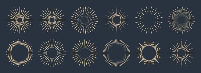 Tuinposter Vintage sunburst collection. Bursting golden sun rays. Fireworks. Logotype or lettering design element. Radial sunset beams. Vector illustration. © 32 pixels