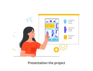 Naklejka na ściany i meble Person presenting information. Young smiling woman shows new user interface design for mobile application on smartphone. Digital product presentation. Cartoon flat vector illustration in doodle style