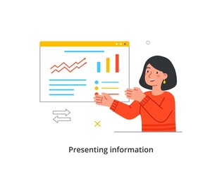 Person presenting information. Young female consultant shows financial report or statistics. Presentation of business infographics, graphs and charts. Cartoon flat vector illustration in doodle style