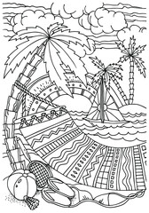 Hammock by the sea with palm trees. Tropical background with vacation view. Landscape with island and sunset. Coloring book antistress for children and adults. Sketch vector illustration