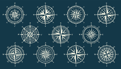 Vintage marine wind rose, nautical chart. Monochrome navigational compass with cardinal directions of North, East, South, West. Geographical position, cartography and navigation. Vector illustration.