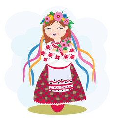 Ukrainian girl in national dress . A  woman in traditional costume. Travel to Ukraine. Girl with a bouquet of flowers