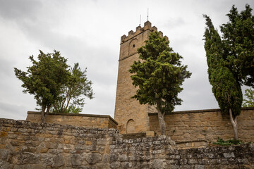 the keep tower of the medieval castle of Sos del Rey Católico historic town, Cinco Villas comarca,...