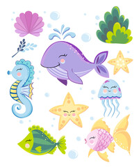 Sea vector set. Sea animal in children's style. Cartoon fish. Set of sea animals