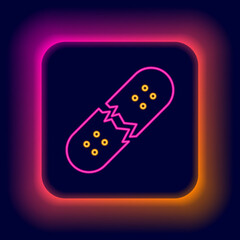 Glowing neon line Broken skateboard deck icon isolated on black background. Extreme sport. Sport equipment. Colorful outline concept. Vector